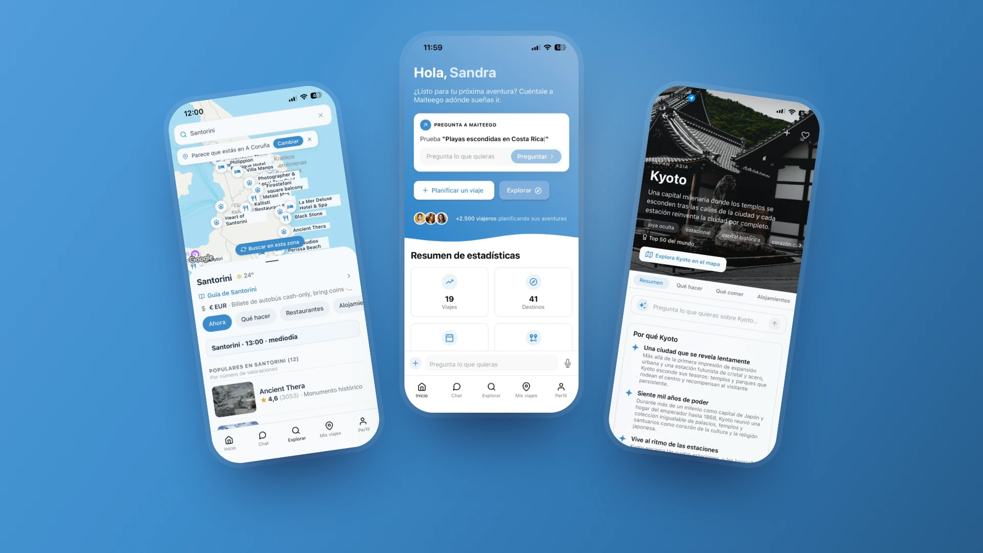 Portada de Maiteego: tres pantallas de la app sobre el azul de marca